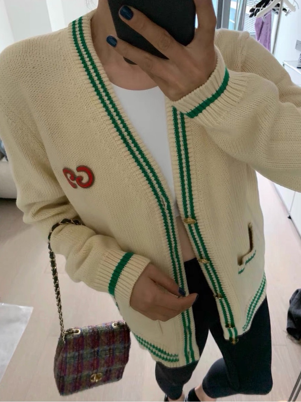 Gucci Cream Knit Cardigan with Green Trim and Red Logo
